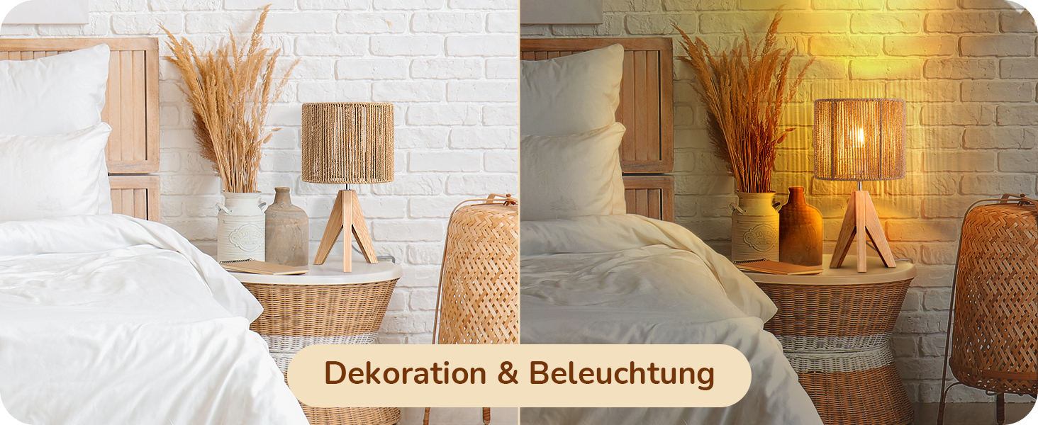 LED настільна лампа EDISHINE з абажуром з ручної роботи та дерев'яною підставкою, тепле світло 2700K, бохо-стиль для спальні, вітальні та готелю, з лампочкою E27 4W, паперовий шнур