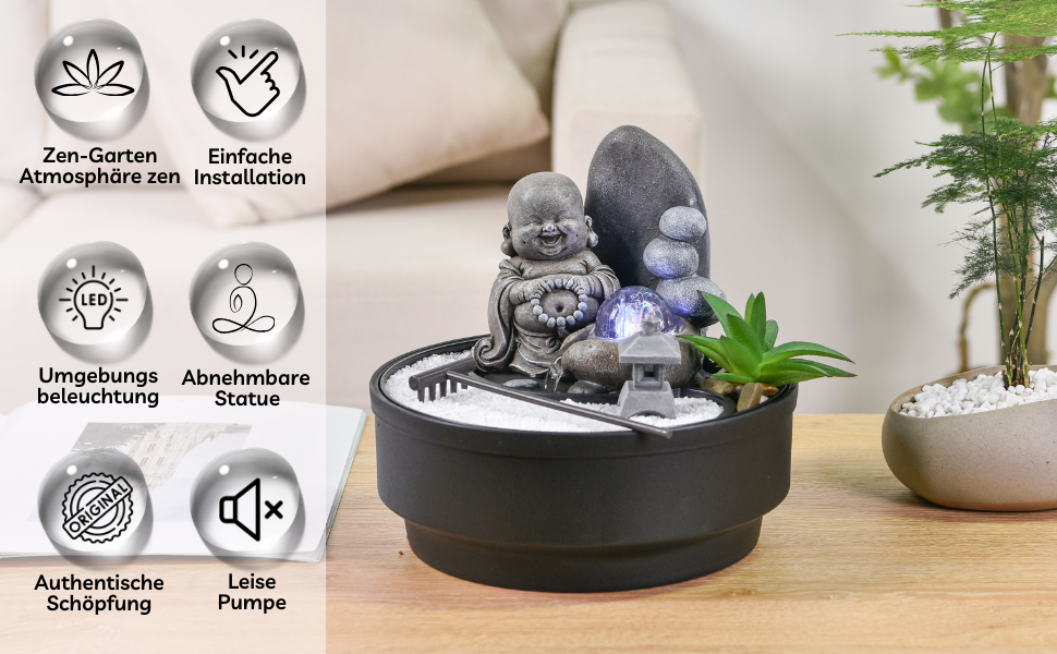 Настільний фонтан-дзен сад Sikhi Zen'Light з фігуркою Будди, кольоровою LED-підсвіткою та білим піском, 21 см — Декоративний фонтан для релаксації та інтер'єру