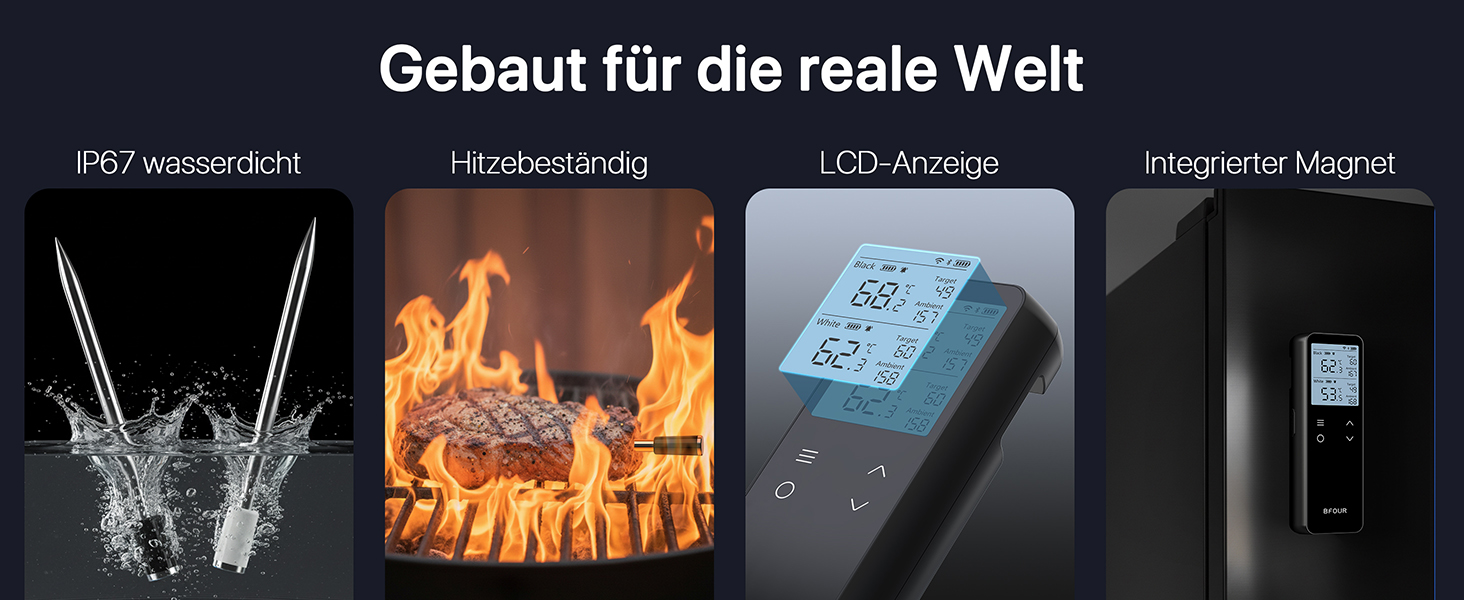 Бездротовий термометр для м'яса з Bluetooth та Wi-Fi, 2 зонди, 6 сенсорів, водонепроникний, точність ±0,1°C, для гриля, духовки, жарки – BF-80