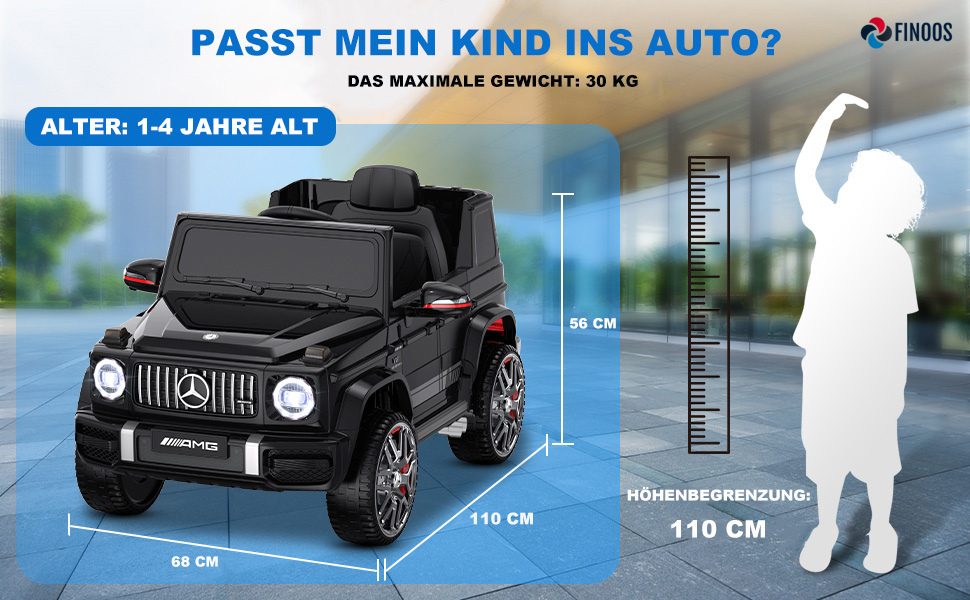 Дитячий електромобіль FINOOS Mercedes G63 AMG 12V з пультом, 2+1 швидкість, музика, USB, LED, чорний