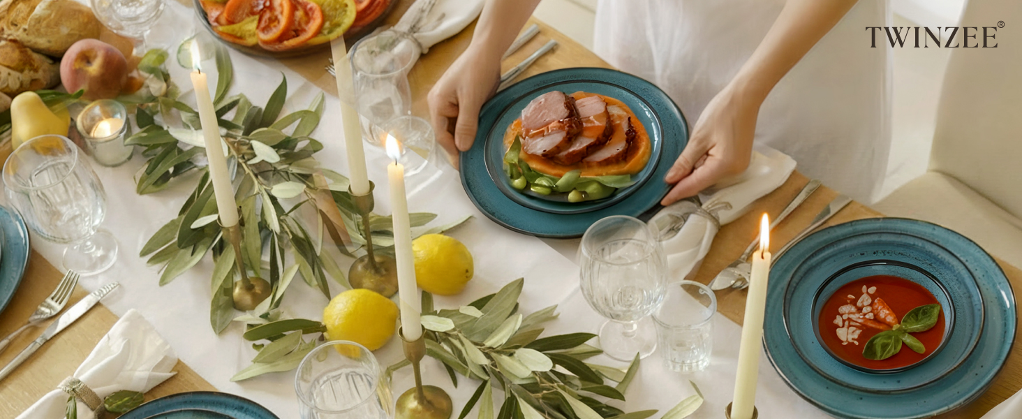 Набір посуду Twinzee Steingut 24 частини для 6 осіб: тарілки та миски, сервіз з каменю, колекція Riviera Sage