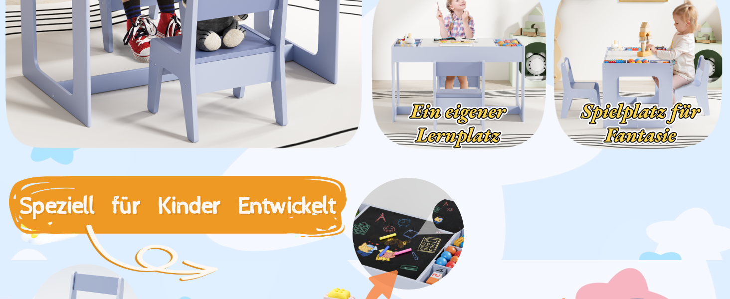 Дитячий стіл та комплект стільців Mamizо з місцем для зберігання, блакитний. Підходить для дитячої кімнати, школи, дитячого садка, від 3 років.