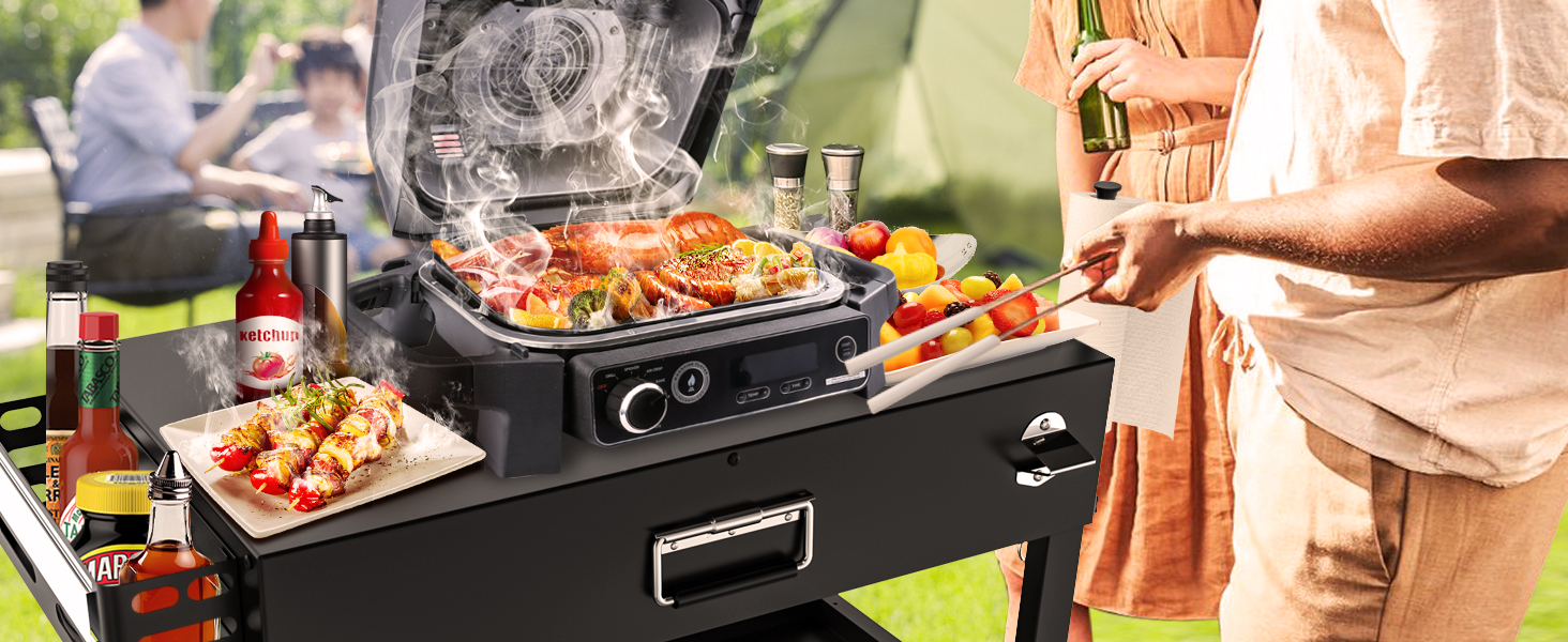 Мобільний гриль-візок для Ninja Woodfire, Weber, Blackstone, Nexgrill, Traeger та інших грилів, візок для гриля з колесами та тримачем для паперових рушників (86 см)