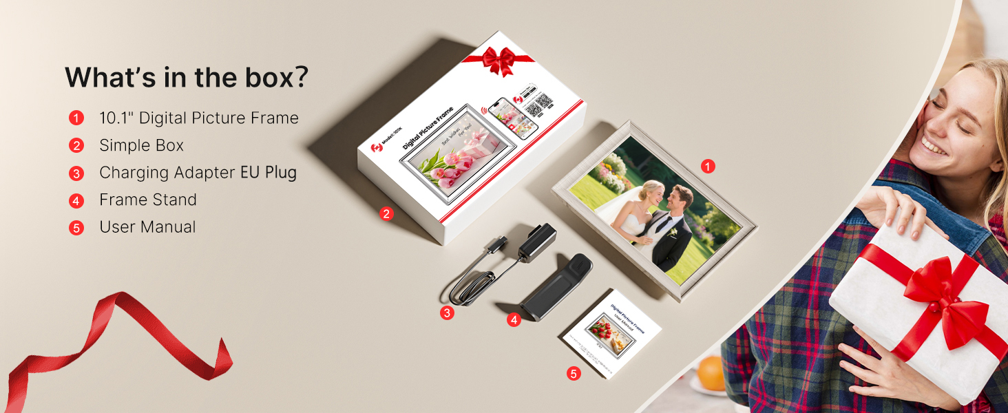 Frameo Цифровий фоторамка 10.1 дюймів, HD 1280*800 IPS сенсорний екран, 32GB пам'ять, автоповорот, Frameo App для обміну фото та відео, білий дерев'яний масив