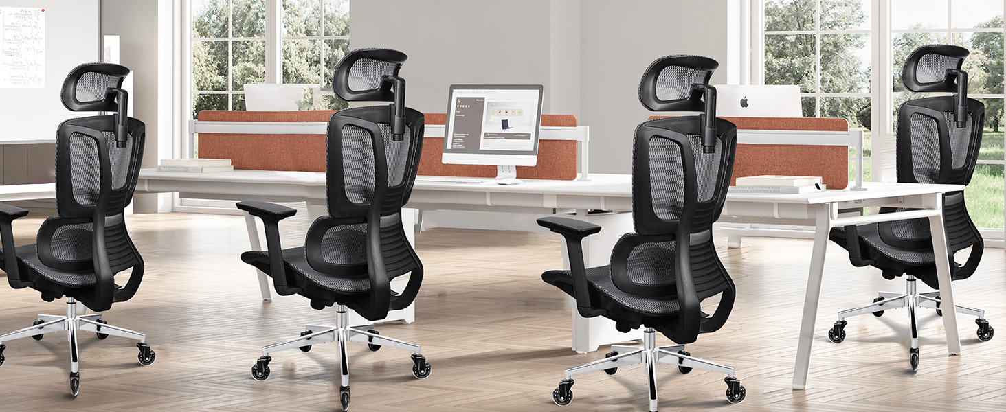 Ергономічне крісло для офісу та дому, 4D підлокітники, регулювання глибини сидіння, 4-рівневий нахил, гумові колеса, сітчасте сидіння, висока спинка, для великих людей, Homeoffice & Gaming (Сірий, сітчасте сидіння)