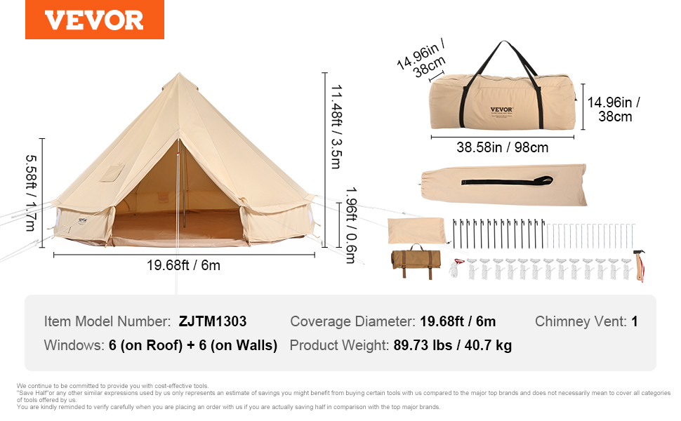 Намет-юрта VEVOR Glockenzelt 3-7м, бавовна TC, для 6-12 осіб, з PVC підлогою, ретро