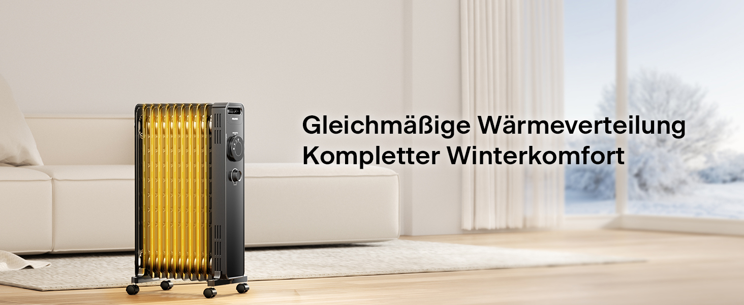 Масляний радіатор PELONIS 2300W з J-подібними ребрами, 3 режими нагріву, термостат, тихий, з захистом від перекидання, енергоефективність A, для спальні, вітальні, офісу, 11 ребер, чорний (без пульта)