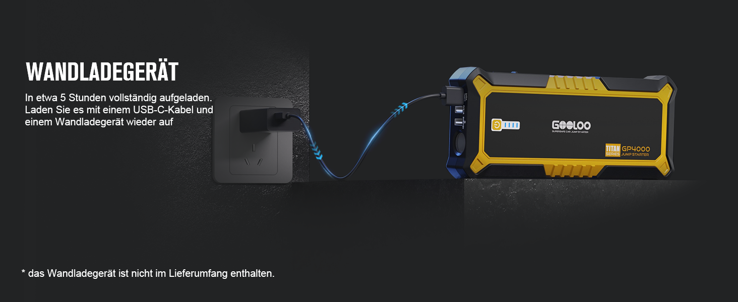 Powerbank Starthilfe GOOLOO GP2000 для автомобілів: 4000A, USB-швидка зарядка, LED, кабель для підзарядки, 8.0L бензин/6.0L дизель