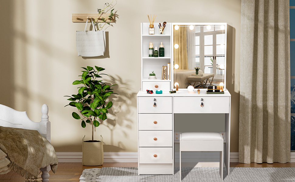 Туалетний столик зі світлом та дзеркалом, з пуфом, 6 шухляд та 6 полиць, 80x36x130 см (PW5)