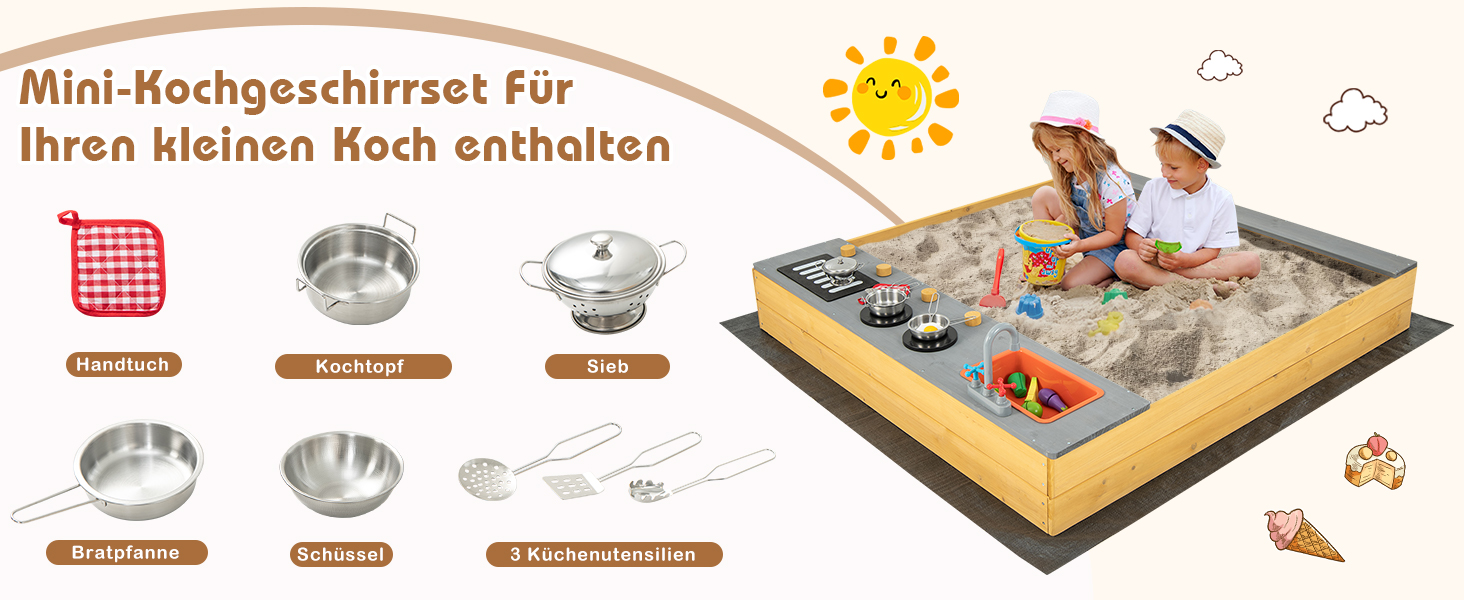 Пісочниця DREAMADE 135x125x20 см з сосни для вулиці: пісочний набір з аксесуарами та лавкою