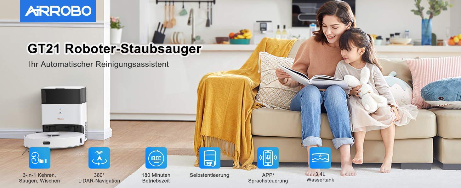 Робот-пилосос AIRROBO з функцією миття, 3.5л, док-станція для самостійного очищення, 180хв роботи, LiDAR-навігація, потужний, керування через додаток