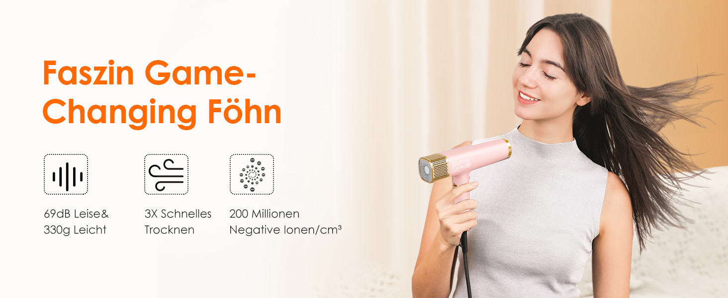 Фен для волосся Faszin з іонізацією, 110 000 RPM, LED-дисплей, 3 насадки, рожевий