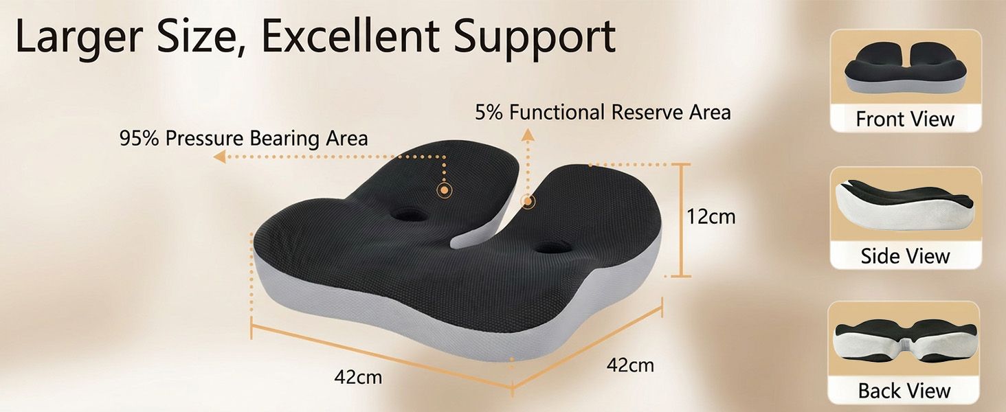 Ортопедична подушка для сидіння на стілець та в авто з Memory Foam - підтримка куприка, зняття болю при ішіасі, для дорослих (Чорний)