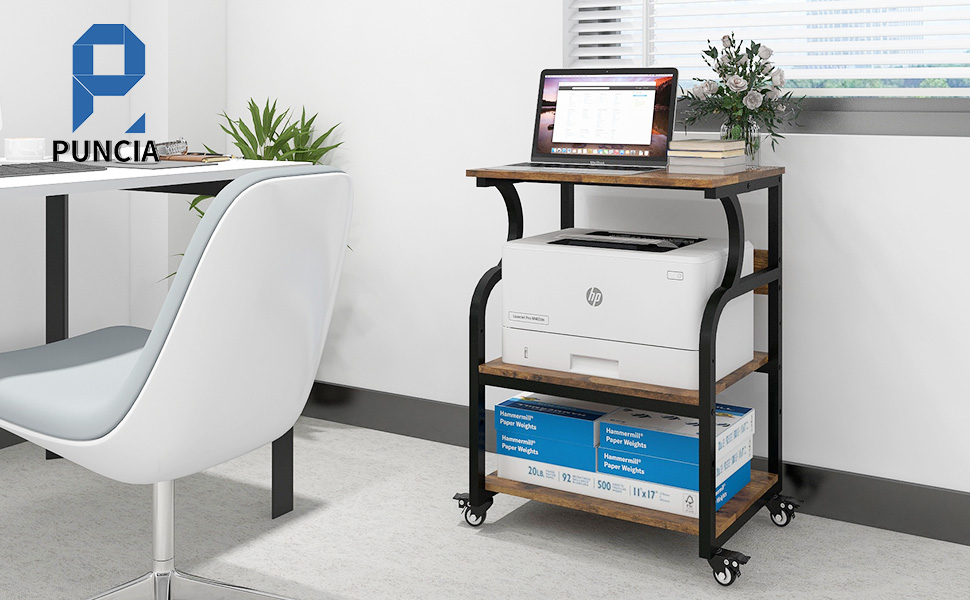 Регульований стіл для принтера PUNCIA з 3 ящиками та колесами. Мобільний візок для принтера з дерева та металу (60 x 50 см, Retro)