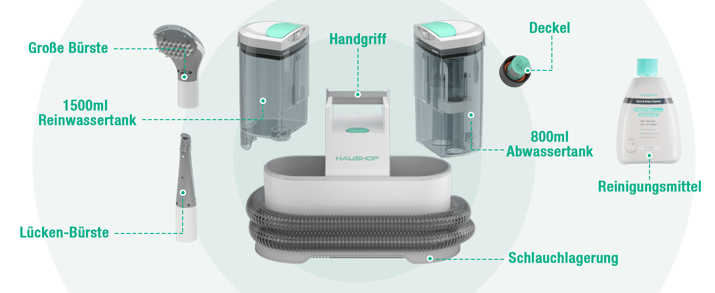 HAUSHOF StainZapper Pro: Миючий пилосос для килимів та меблів, 450W, 12kPa, 1.5+0.8L, з миючим засобом та щіткою для швів. Ефективний видалення плям з килимів, диванів, меблів та авто. Модель HH23111