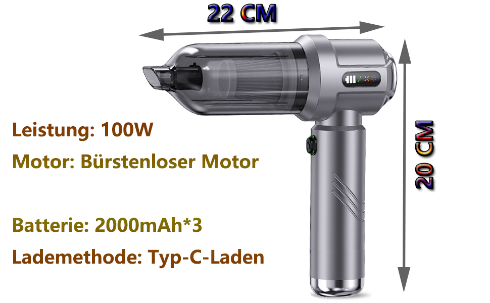 Акумуляторний ручний пилосос 4-в-1 (22000Па), бездротовий електричний пилосос та повітродувка для авто, дому, кухні та шерсті тварин, 3 режими, сріблястий