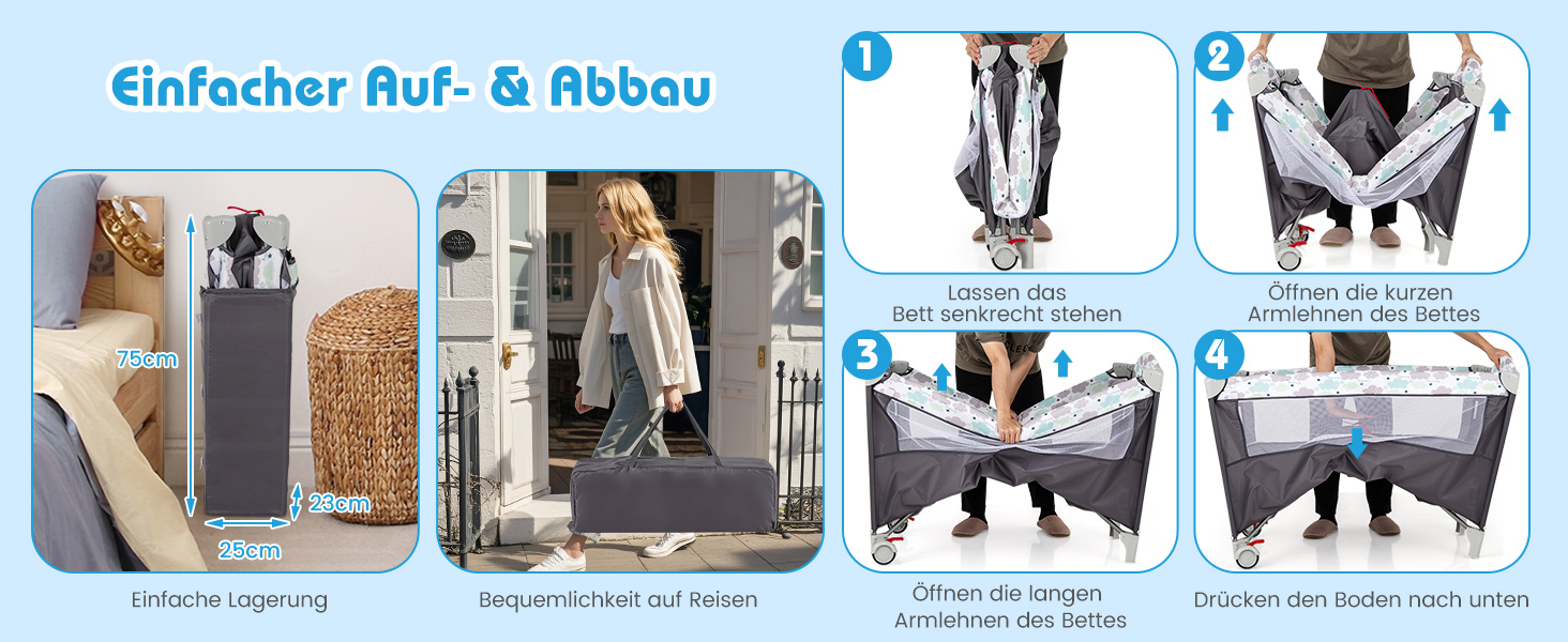 Дитяче ліжко-манежа Dreamade 120 x 60 см з колесами, 4 в 1: ліжко, манежа, пеленальний столик, туристичне ліжко для новонароджених (Сірий)