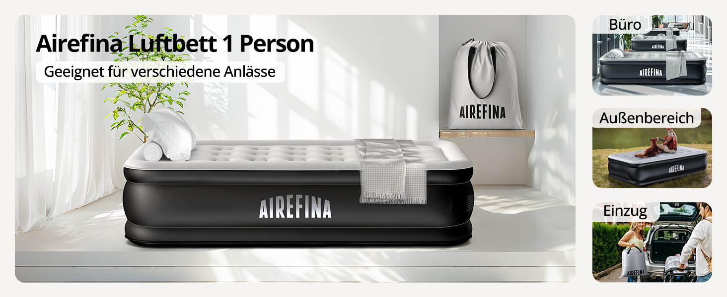 Надувне ліжко Airefina на 1 особу з вбудованим насосом, 99x190x46 см, до 295 кг, з сумкою для перенесення