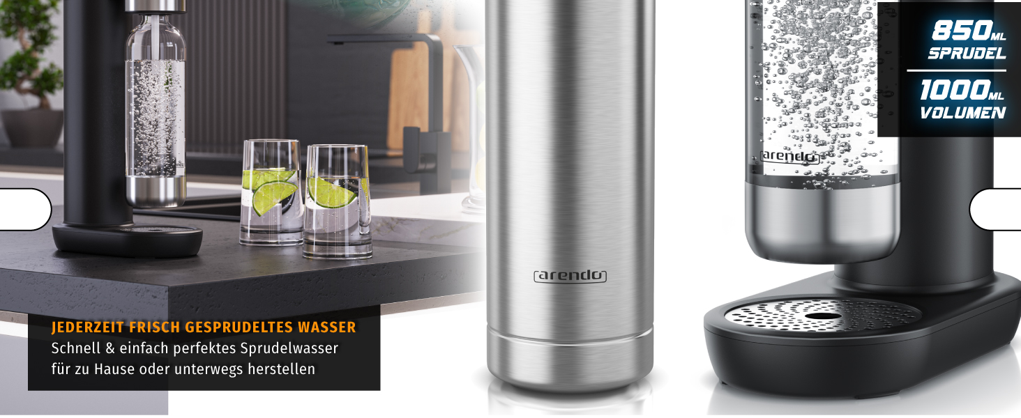 Сифон для газування води Arendo Soda Maker: набір з пляшкою 1000 мл (BPA-free) та сталевою пляшкою 1000 мл, сумісність з 60 л CO2 циліндрами, чорний