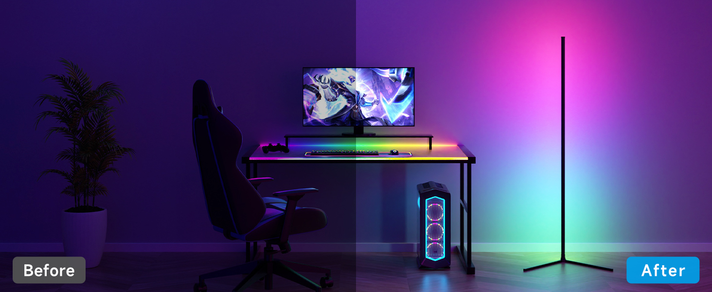 LED торшер у вітальню RGB кутовий, димується з пультом та додатком, синхронізація з музикою, DIY-режим, таймер - чорний