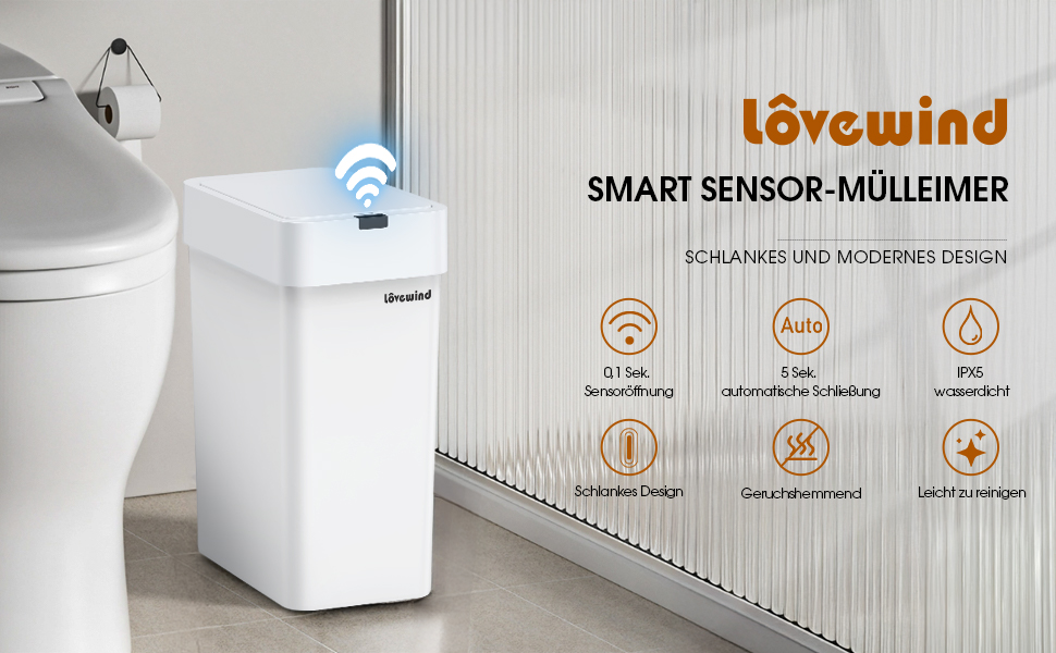 Смітник для ванної кімнати Lovewind, 9L з кришкою, сенсорний, водонепроникний, білий, для ванної, кухні, офісу
