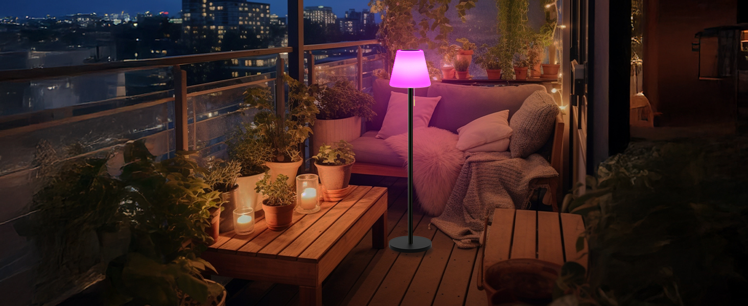 Сонячна LED стійка лампа для вулиці з акумулятором, димуванням, теплим білим та RGB світлом, з датчиком світла, водонепроникна для тераси