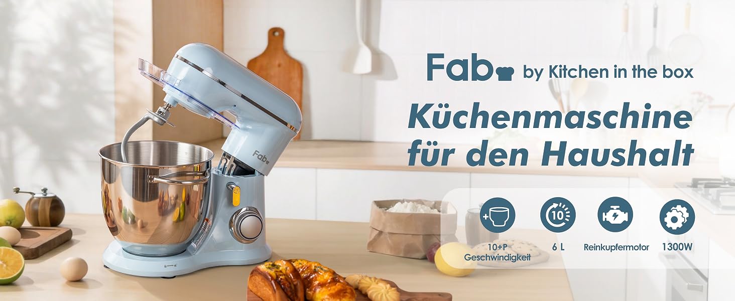 Кухонна машина Kitchen in the box Fab-Serie, потужний планетарний міксер 1300 Вт, 10 швидкостей, з набором насадок (гак, вінчик, міксер) для щоденного використання