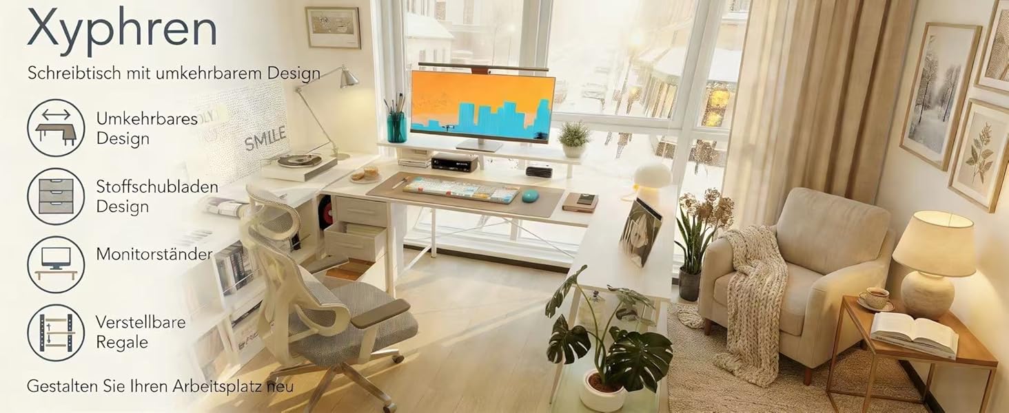 Кутовий офісний стіл L-подібний з 3 ящиками, 120x80 см, білий - з моніторною поличкою, розеткою та USB-зарядом