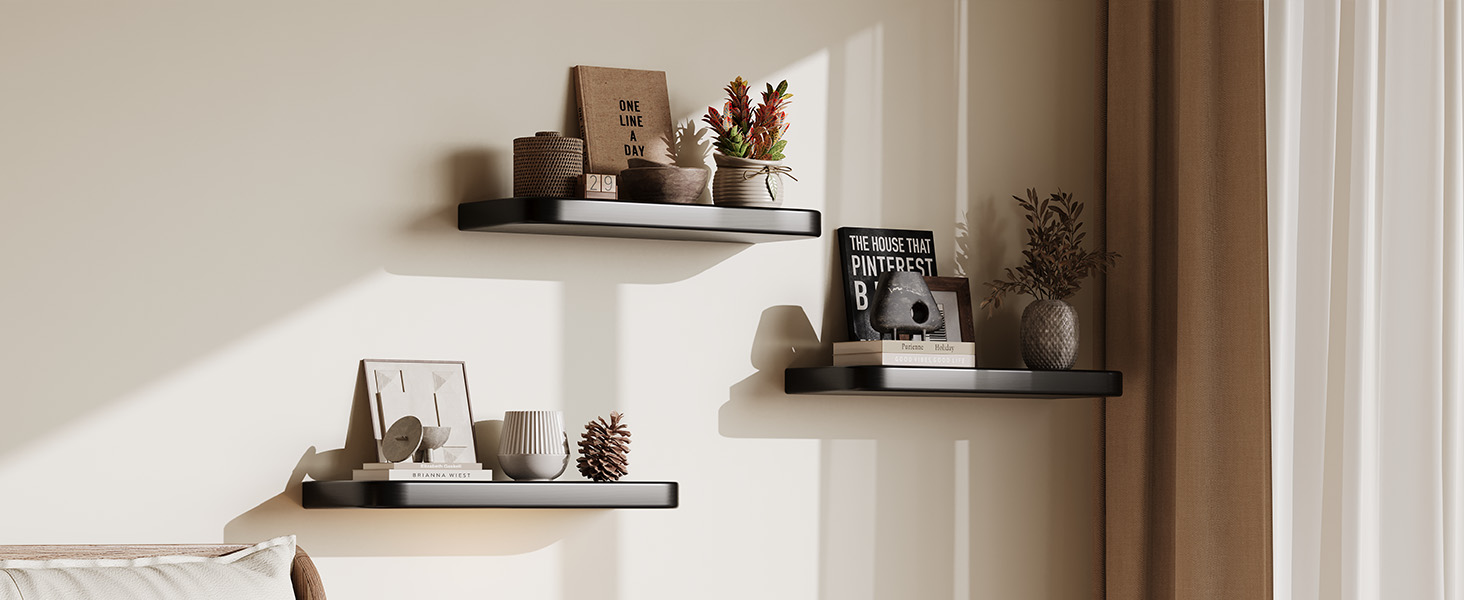 Набір з 3 настінних полиць Wandregal з дерева, чорного кольору - Плаваючі полиці з прихованим кріпленням для вітальні, спальні, кухні, для книг та декору