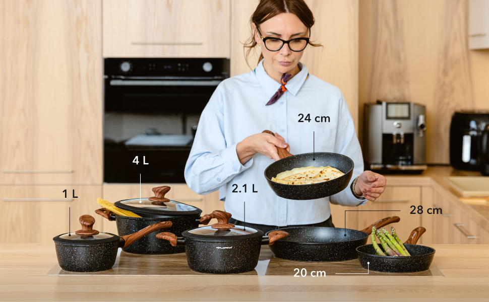 Набір посуду FLORINA MASTER BLACK 6 предметів: каструлі та сковороди з алюмінію з кришками, для індукції, газу, електроплити, кераміки. Можна мити в посудомийній машині