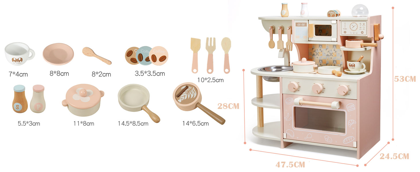 Дитяча дерев'яна кухня для приготування їжі - ігровий набір з 26 аксесуарів. Іграшкова кухня з продуктами та кухонним посудом. Чудовий подарунок для дівчаток та хлопчиків 3+ років. Велика кухня (рожева)