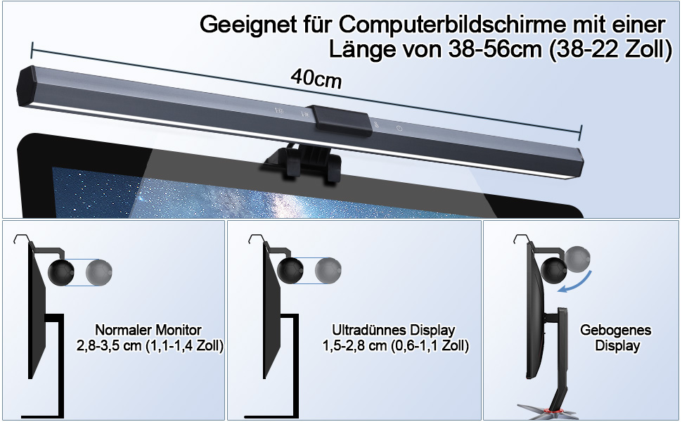 Світлодіодна лампа для монітора Anpro - захист очей, 3 кольори, регулювання яскравості, без відблисків та мерехтіння, сірий