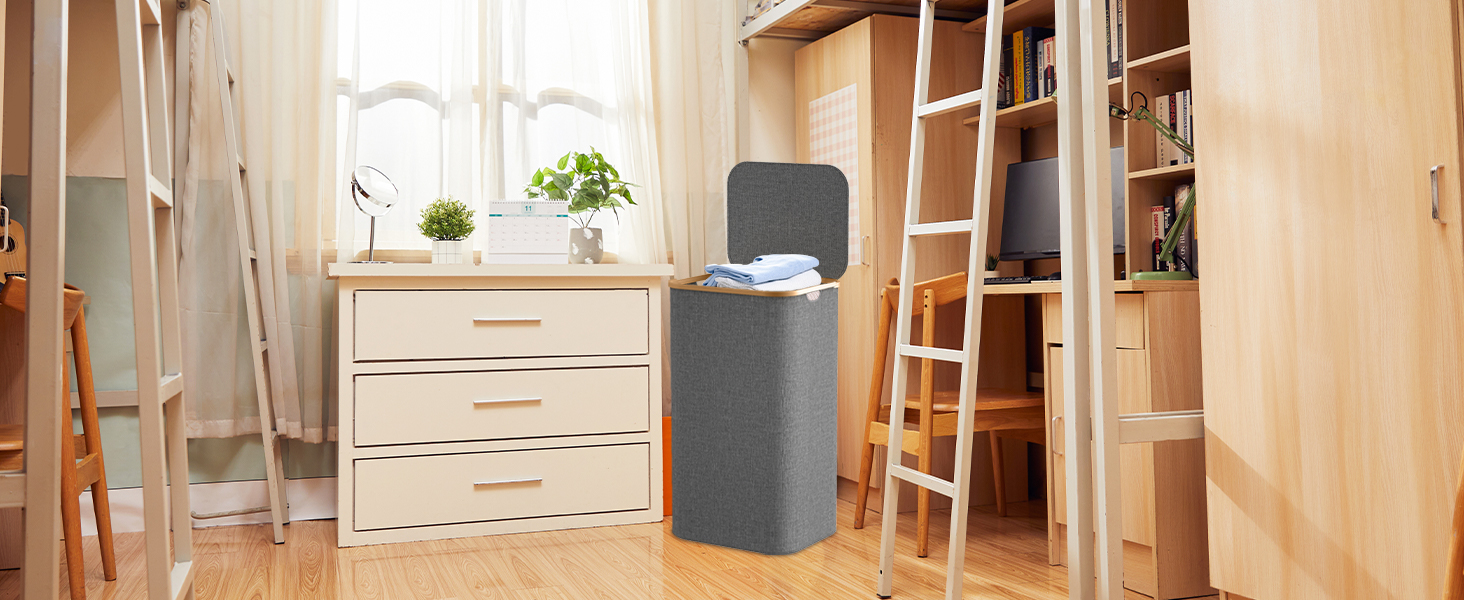 Кошик для білизни з кришкою, вузький, бамбукові ручки, внутрішня кишеня, складний, переносний, 95л, темно-сірий