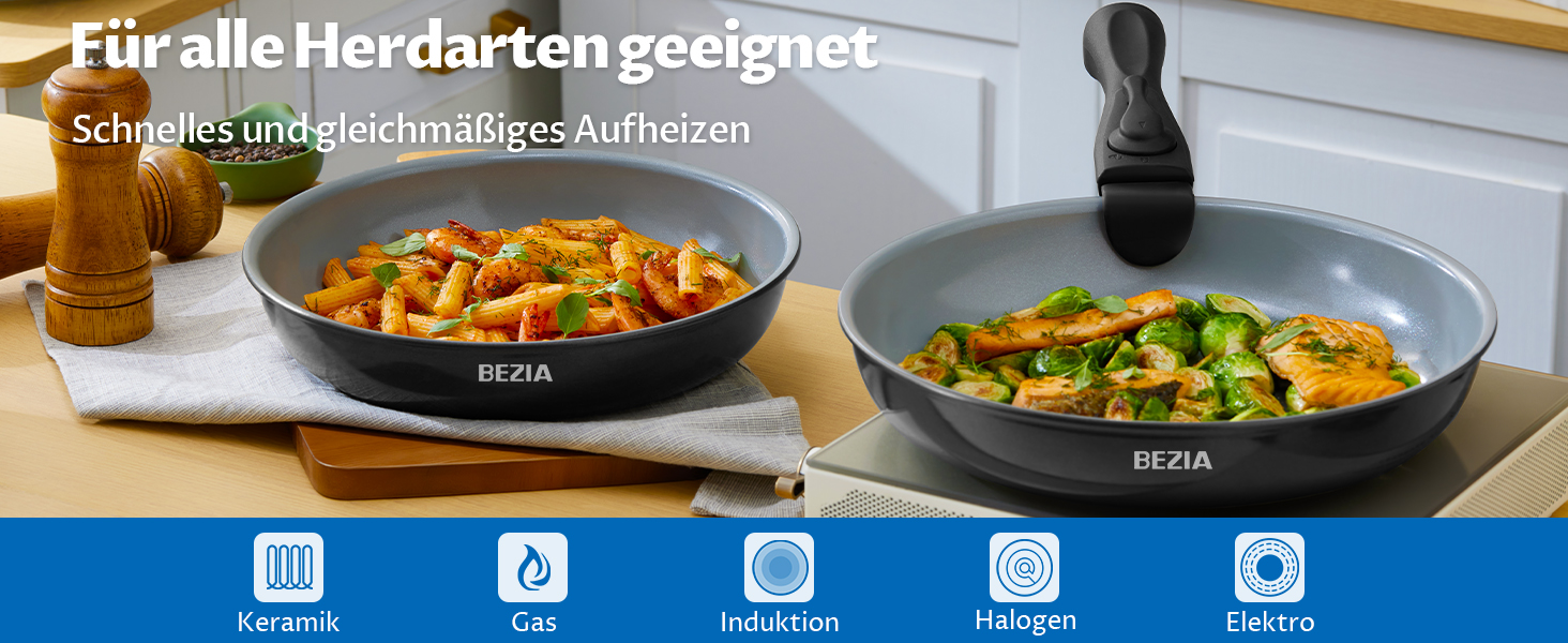 Набір сковорідок BEZIA з знімними ручками, антипригарне покриття, індукційні, 20+24+28 см, стакельне, придатні для миття в посудомийній машині та духовці