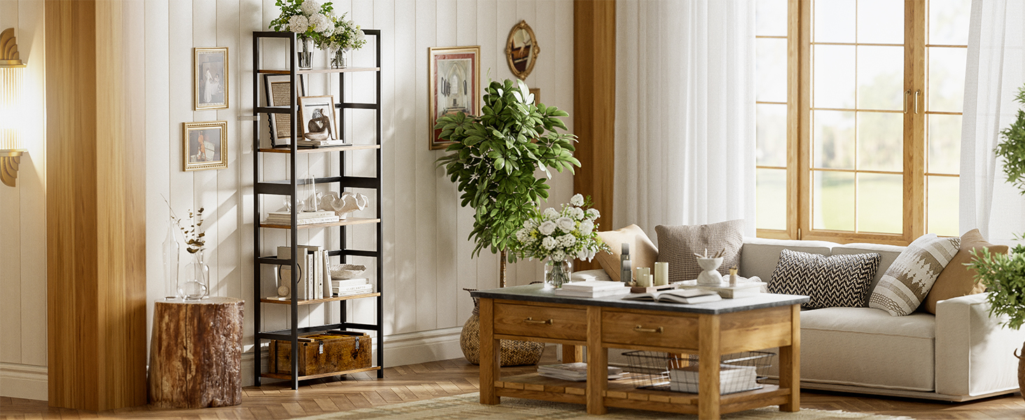 5-ярусна полиця для книг, індустріальна полиця з бамбуковим каркасом, сучасна вітрина, органайзер для зберігання з дерева для вітальні, домашнього офісу, рустикальний коричнево-чорний колір