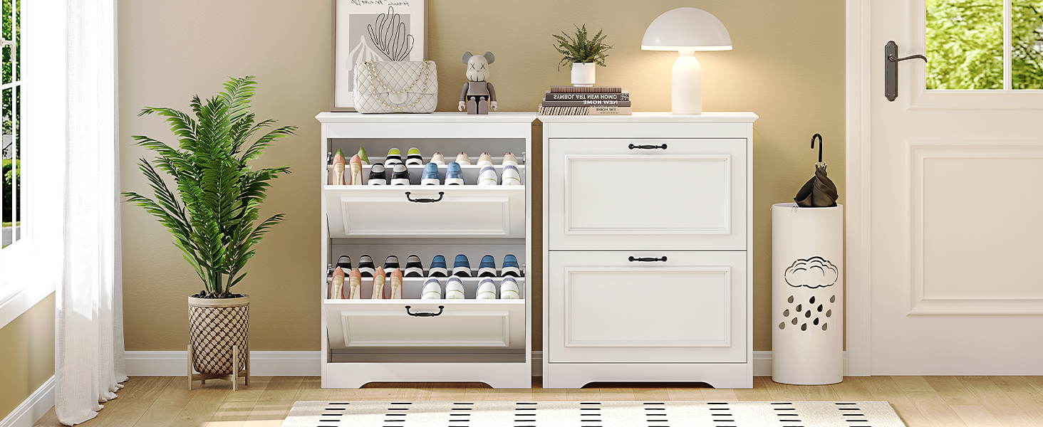 Шкаф для взуття Brinlawb білий з шухлядою, полицями та перегородками для 14-18 пар, для передпокою, вітальні