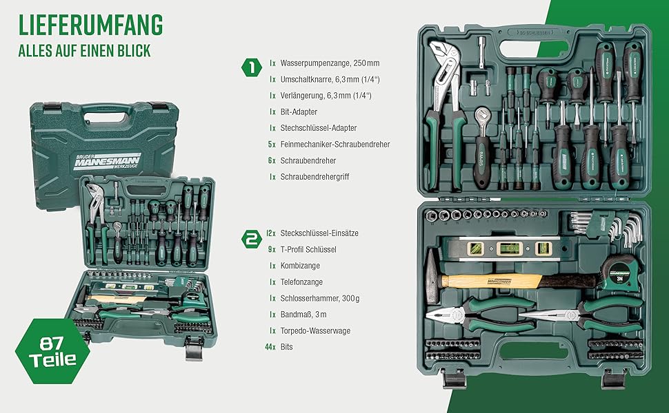 Набір інструментів Brüder Mannesmann 87 предметів у кейсі з Cr-V сталі: викрутки, плоскогубці, молоток, рівень, головки та біти M29084