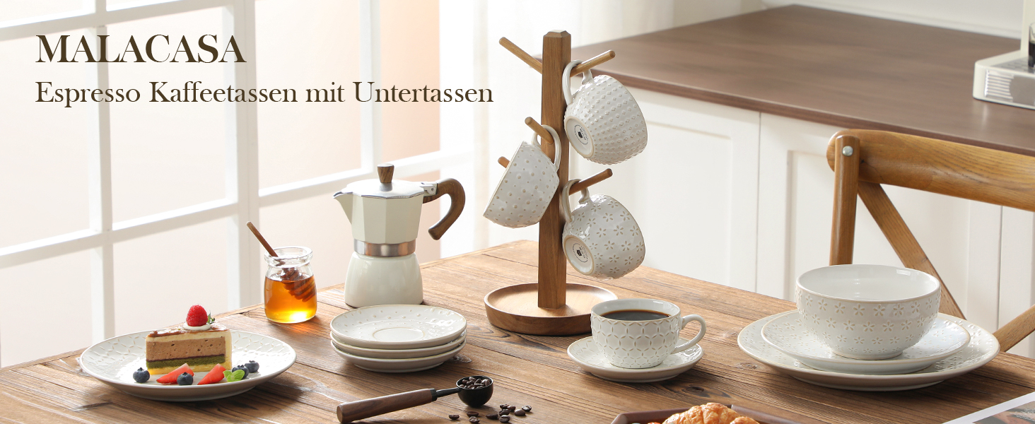 Набір посуду MALACASA LYDIA для 4 осіб (16 предметів) з кераміки з рельєфом, бежевий (4 чашки 180 мл)