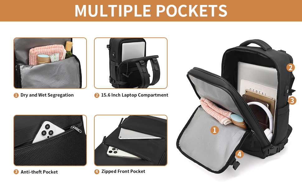 KONO Рюкзак для ручної поклажі 42x30x20, рюкзак для ноутбука 25L, Outdoor, для подорожей, спорту, Weekender з відділенням для взуття, чорний