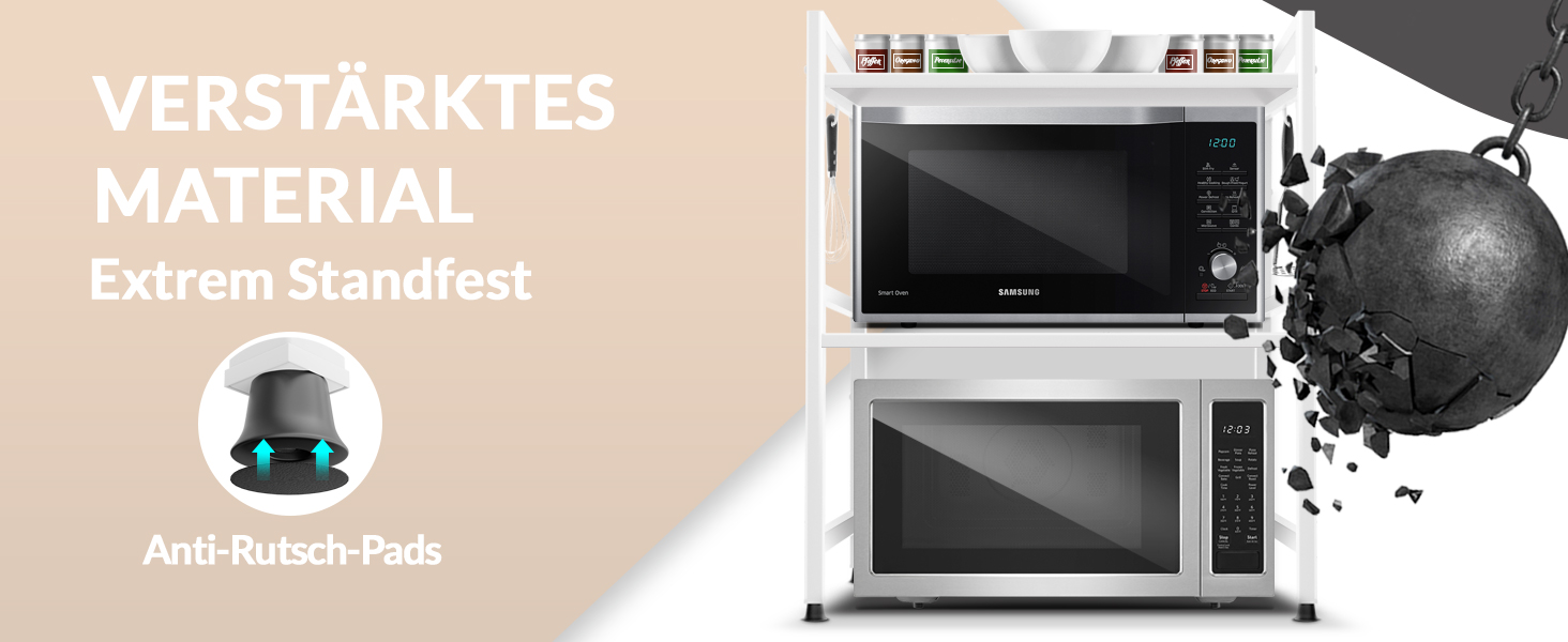 Поличка для мікрохвильової печі, кухонна поличка, сталева | 3-ярусна, регульована висота та довжина, з гачками, інструкція у відеоформаті (Білий)