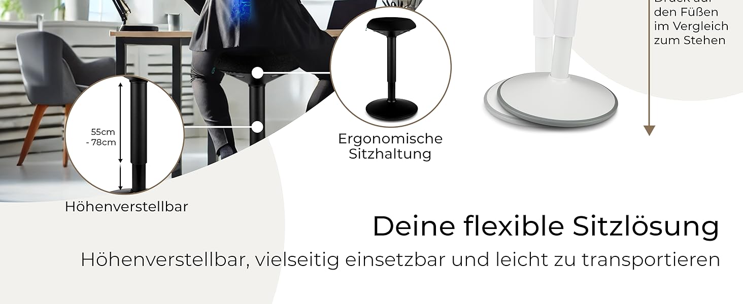 Standup.Today Ерганомічний хокер Ella (білий/зелений) – регульована висота 55-80 см – для офісу та дому – з ефектом гойдання