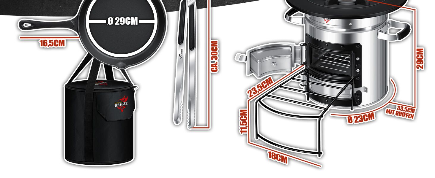 Печь-ракета KESSER® з чавунною сковородою-грилем | з щипцями та сумкою | Dutch Oven з 6 шипами | Дров'яна піч-ракета для BBQ | Кухоль для кемпінгу, відпочинку на природі, грилю | Нержавіюча сталь, чорний/сріблястий