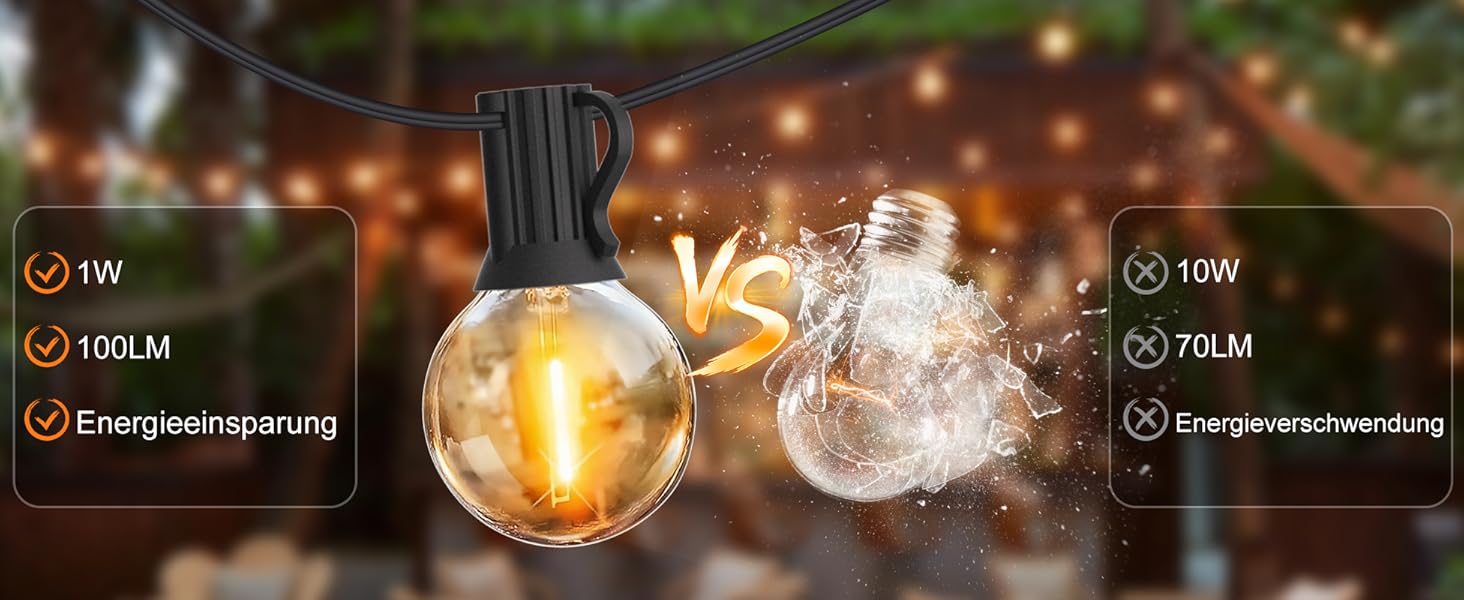 BRIMAX LED гірлянда для вулиці 30м, IP44, 46+4 лампочки G40, 2200K, розширювана, для кемпінгу, свят, вечірок