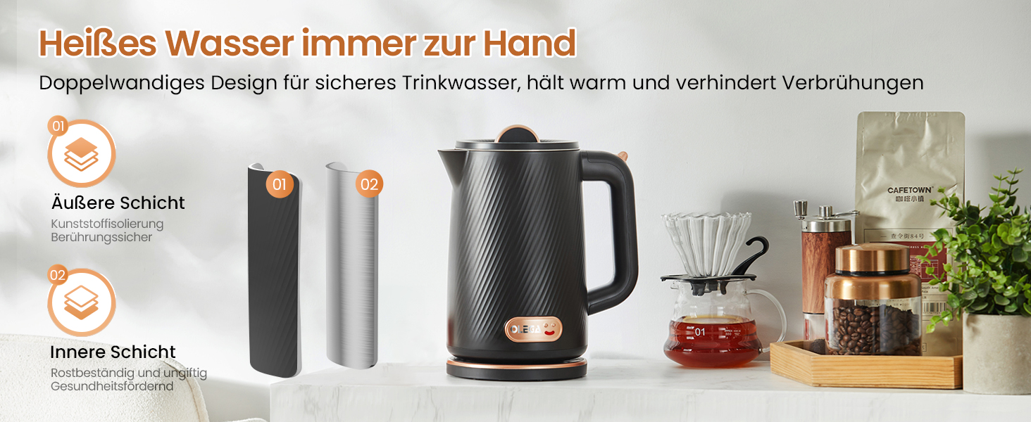 Електричний чайник OLEGA 1.8L, 1800W, нержавіюча сталь, автоматичне відключення, захист від сухого кип'яття