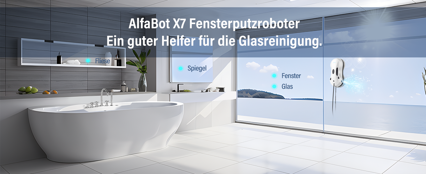 AlfaBot X7 робот для миття вікон, електричний склоочисник з вбудованим резервуаром для води, автоматичне розпилення, дистанційне керування, для всіх гладких поверхонь