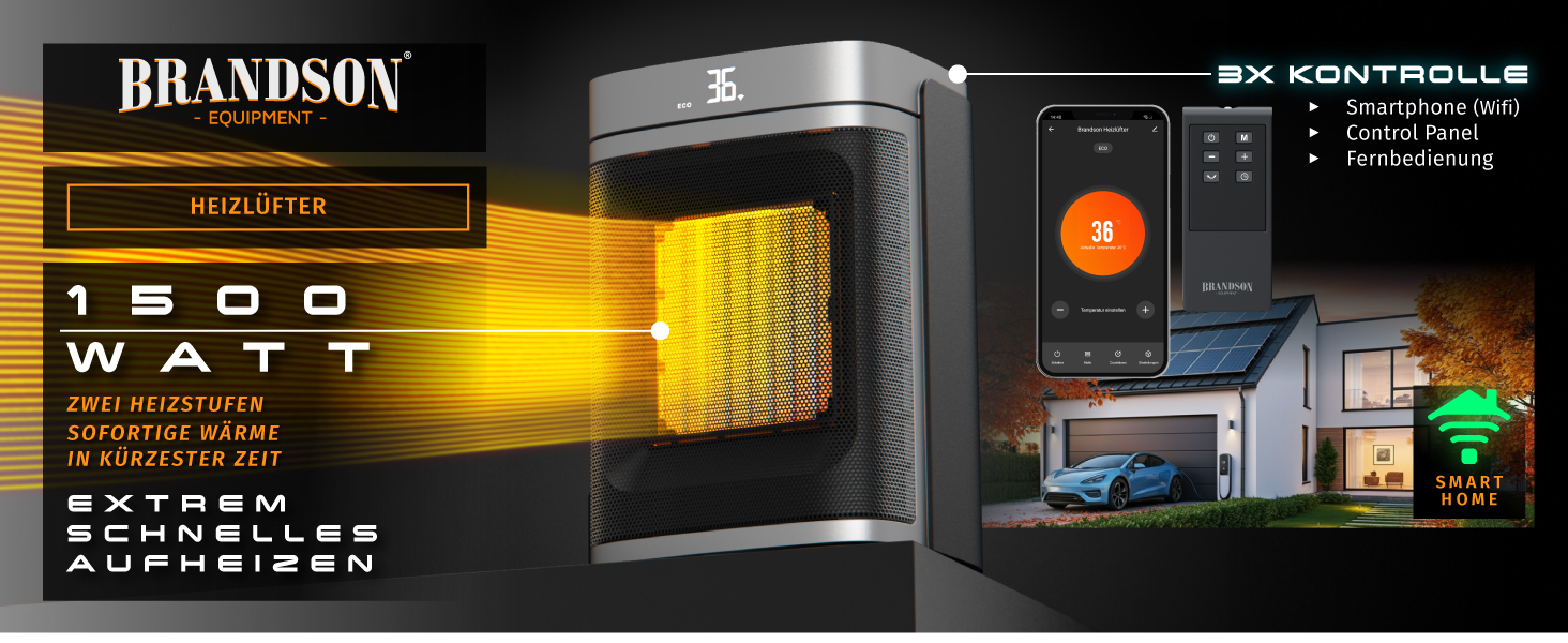 Керамічний обігрівач Brandson з Wi-Fi, тихий, енергозберігаючий, з пультом керування, функцією осциляції, ECO-режимом, дитячим замком та таймером – для ванної, вітальні, офісу, дитячої кімнати