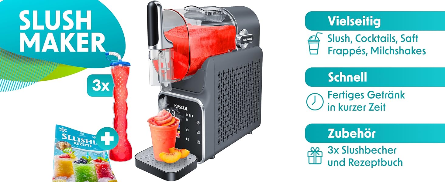 Машина для приготування сляш KESSER® - сляш-мейкер 2л - для сляш, коктейлів, фраппе, молочних коктейлів та замороженого соку - 25 хв та 6 програм - 3 стаканчика та книга рецептів в комплекті, антрацит