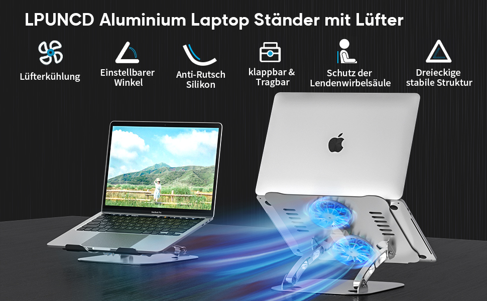 Підставка для ноутбука з RGB вентилятором, регульована висота, алюмінієвий сплав, 10-17'', сіра