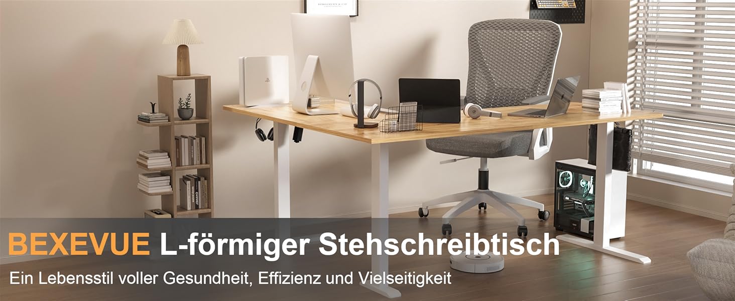 Електричний кутовий стіл BEXEVUE з регулюванням висоти 160x140 см, 3 функції пам'яті, антиколізійна технологія, для дому та офісу, бежевий