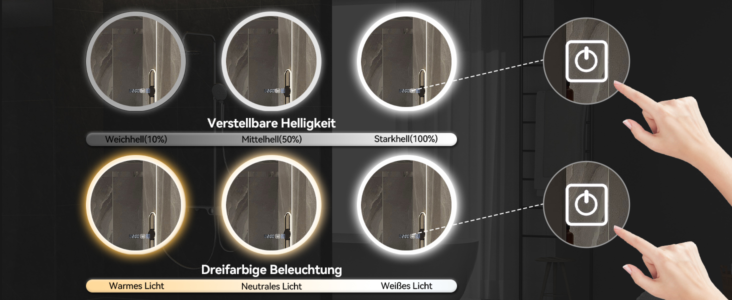 Дзеркало для ванної кімнати YOURLITE з підсвічуванням, діаметр 60 см, LED, 3 кольори, диммування, сенсорне управління, антизапар, пам'ять, IP44, білий